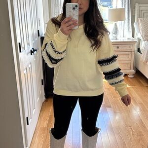 Women's Cream Pullover Sweatshirt with Textured Sleeve Detail